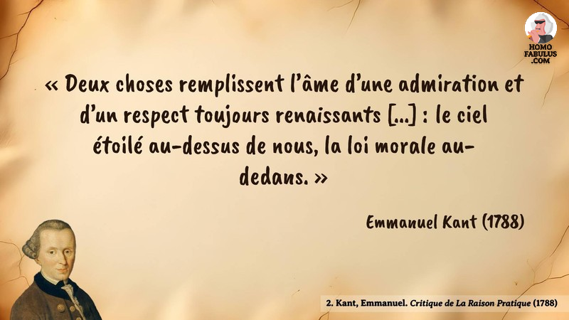 Image d’illustration de la citation : Deux choses remplissent l’âme d’une admiration et d’un respect toujours renaissants [...] : le ciel étoilé au-dessus de nous, la loi morale au-dedans.. Citation de 2. Kant, Emmanuel. Critique de La Raison Pratique. Folio essais (1788).