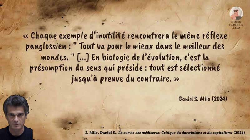 Image d’illustration de la citation : Chaque exemple d’inutilité rencontrera le même réflexe panglossien : « Tout va pour le mieux dans le meilleur des mondes. » [...] En biologie de l’évolution, c’est la présomption du sens qui préside : tout est sélectionné jusqu’à preuve du contraire.. Citation de 2. Milo, Daniel S. La survie des médiocres: Critique du darwinisme et du capitalisme (2024).