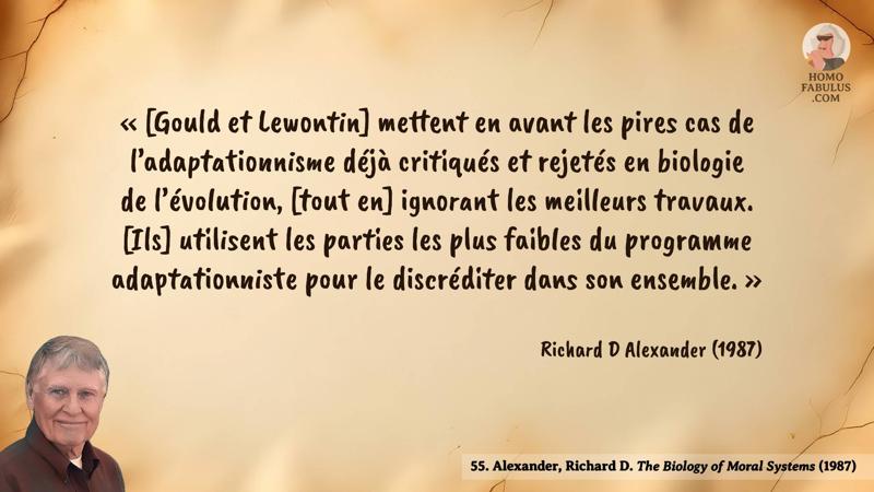 Image d’illustration de la citation : « [Gould et Lewontin] mettent en avant les pires cas de l’adaptationnisme déjà critiqués et rejetés en biologie de l’évolution, [tout en] ignorant les meilleurs travaux. [Ils] utilisent les parties les plus faibles du programme adaptationniste pour le discréditer dans son ensemble. ». Citation de 55. Alexander, Richard D. The Biology of Moral Systems (1987).