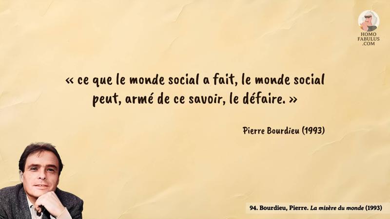Image d’illustration de la citation : « ce que le monde social a fait, le monde social peut, armé de ce savoir, le défaire. ». Citation de 94. Bourdieu, Pierre. La misère du monde (1993).