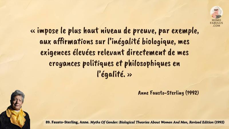 Image d’illustration de la citation : « impose le plus haut niveau de preuve, par exemple, aux affirmations sur l’inégalité biologique, mes exigences élevées relevant directement de mes croyances politiques et philosophiques en l’égalité. ». Citation de 89. Fausto-Sterling, Anne. Myths Of Gender: Biological Theories About Women And Men, Revised Edition (1992).