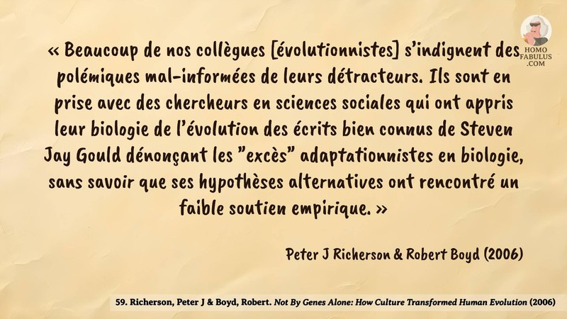 Image d’illustration de la citation : « Beaucoup de nos collègues [évolutionnistes] s’indignent des polémiques mal-informées de leurs détracteurs. Ils sont en prise avec des chercheurs en sciences sociales qui ont appris leur biologie de l’évolution des écrits bien connus de Steven Jay Gould dénonçant les "excès" adaptationnistes en biologie, sans savoir que ses hypothèses alternatives ont rencontré un faible soutien empirique. ». Citation de 59. Richerson, Peter J & Boyd, Robert. Not By Genes Alone: How Culture Transformed Human Evolution. New Scientist (2006).