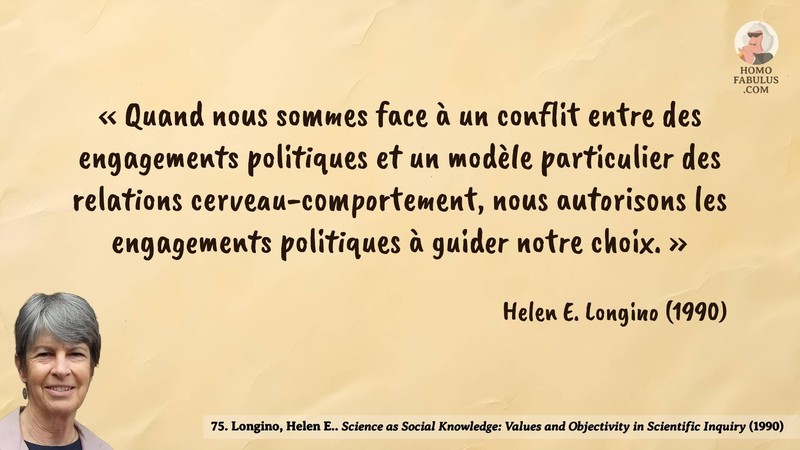 Image d’illustration de la citation : « Quand nous sommes face à un conflit entre des engagements politiques et un modèle particulier des relations cerveau-comportement, nous autorisons les engagements politiques à guider notre choix. ». Citation de 75. Longino, Helen E.. Science as Social Knowledge: Values and Objectivity in Scientific Inquiry.  (1990).