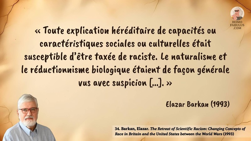 Image d’illustration de la citation : « Toute explication héréditaire de capacités ou caractéristiques sociales ou culturelles était susceptible d’être taxée de raciste. Le naturalisme et le réductionnisme biologique étaient de façon générale vus avec suspicion [...]. ». Citation de 34. Barkan, Elazar. The Retreat of Scientific Racism: Changing Concepts of Race in Britain and the United States between the World Wars.  (1993).