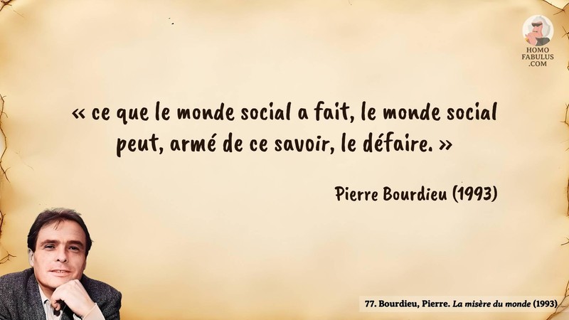 Image d’illustration de la citation : « ce que le monde social a fait, le monde social peut, armé de ce savoir, le défaire. ». Citation de 77. Bourdieu, Pierre. La misère du monde.  (1993).
